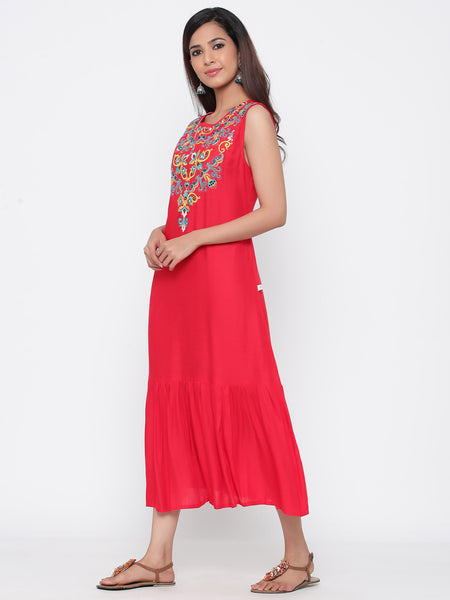 Red Rayon Slub Yoke Embroidered Flared Kurta-Maxi Dress