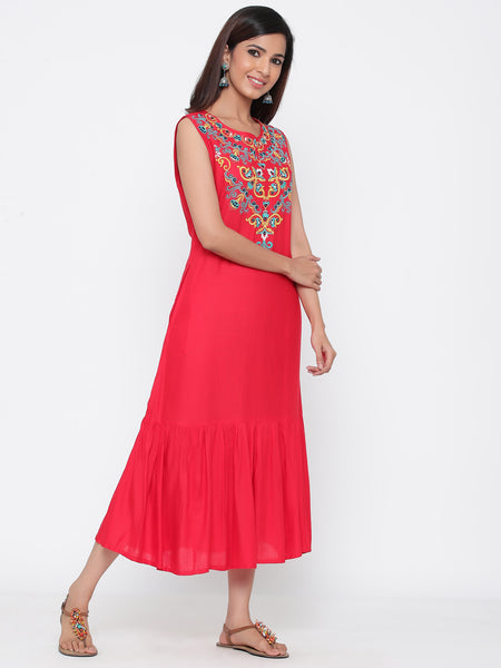 Red Rayon Slub Yoke Embroidered Flared Kurta-Maxi Dress