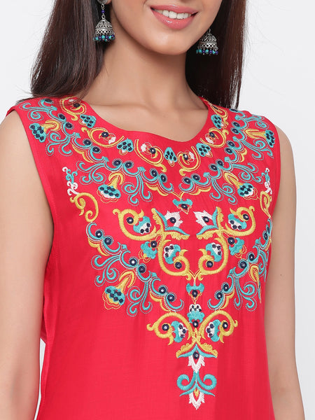 Red Rayon Slub Yoke Embroidered Flared Kurta-Maxi Dress