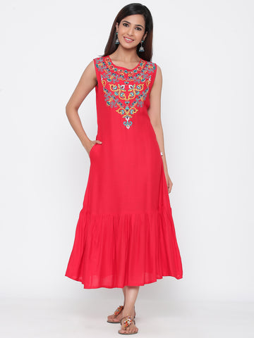 Red Rayon Slub Yoke Embroidered Flared Kurta-Maxi Dress