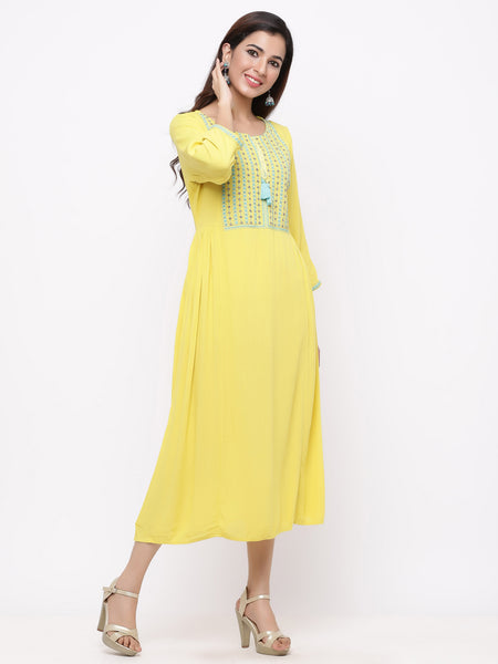 Yellow Rayon Crepe Embroidered A-line Dress