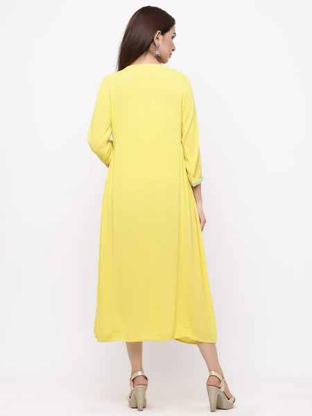 Yellow Rayon Crepe Embroidered A-line Dress