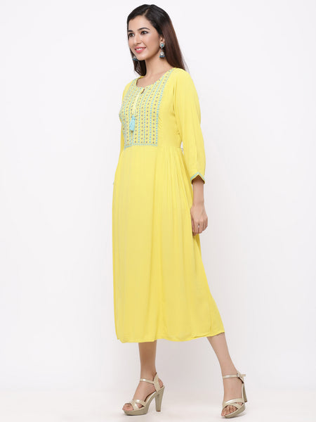 Yellow Rayon Crepe Embroidered A-line Dress