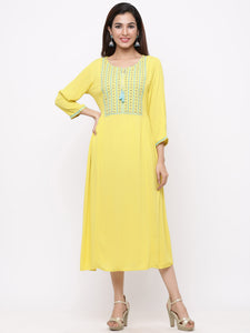 Yellow Rayon Crepe Embroidered A-line Dress