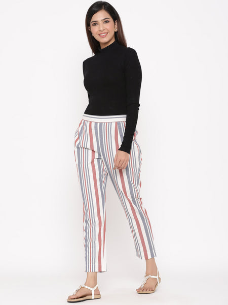 Red Cotton Striped Straight Pants