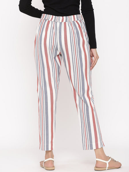 Red Cotton Striped Straight Pants