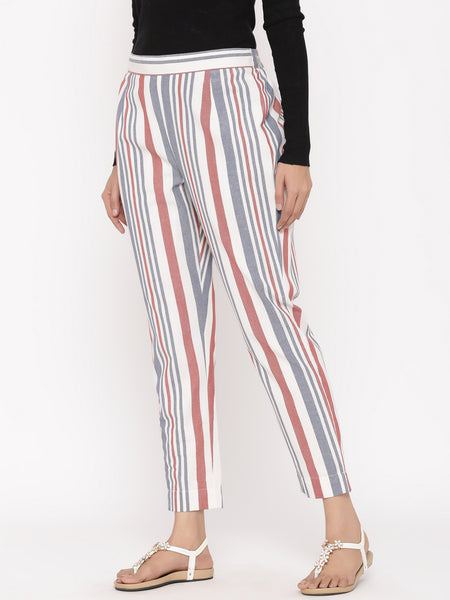 Red Cotton Striped Straight Pants