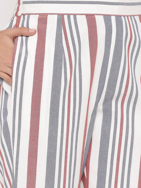 Red Cotton Striped Straight Pants