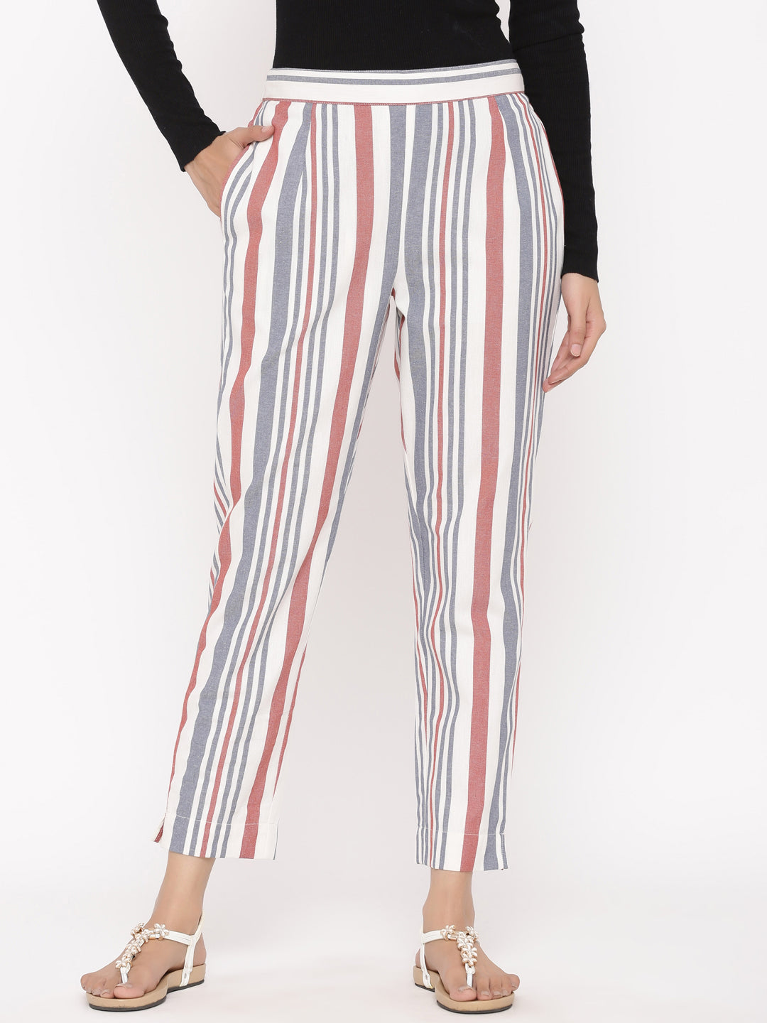 Red Cotton Striped Straight Pants