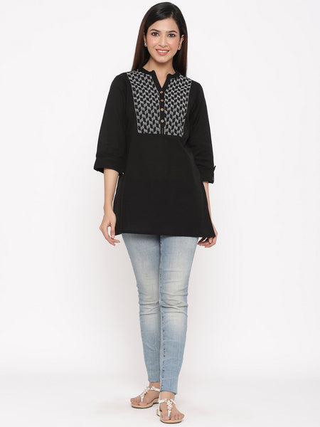 Black Cotton Flex Embroidered Straight Kurta Top