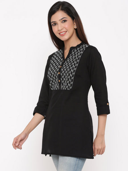 Black Cotton Flex Embroidered Straight Kurta Top