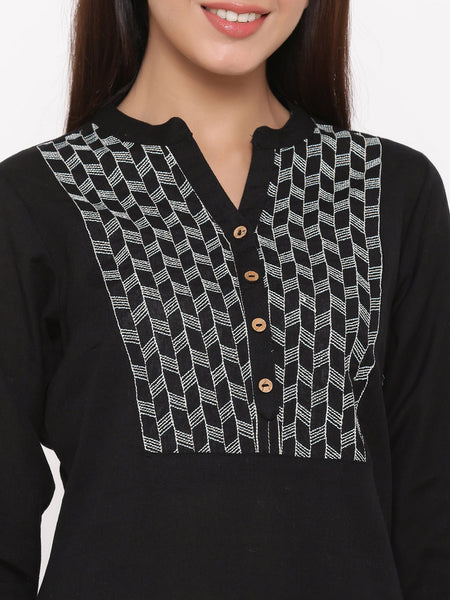 Black Cotton Flex Embroidered Straight Kurta Top