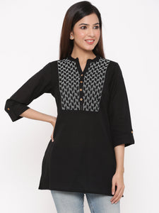 Black Cotton Flex Embroidered Straight Kurta Top