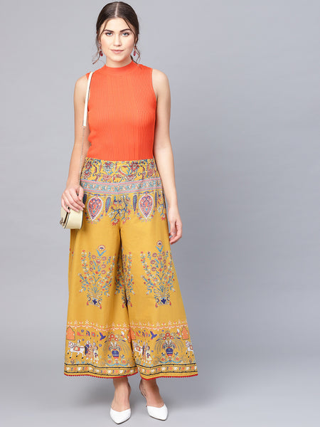 Mustard Cotton Printed Flared Palazzo