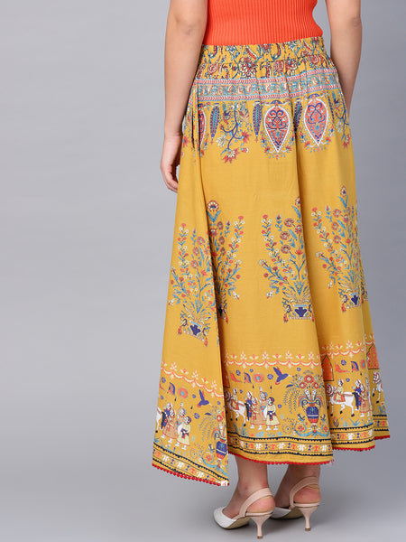 Mustard Cotton Printed Flared Palazzo