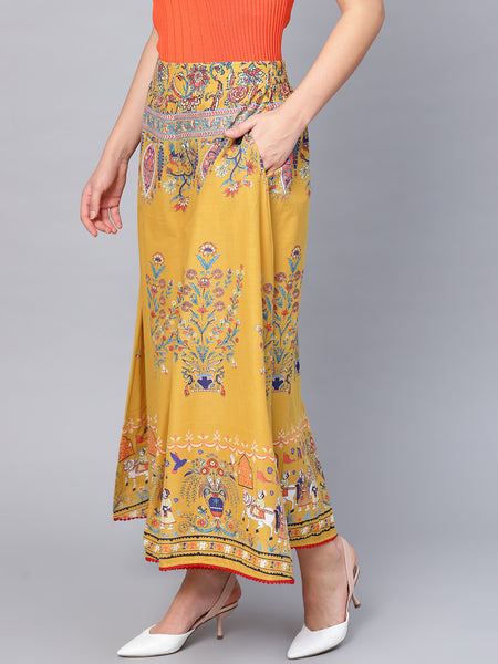 Mustard Cotton Printed Flared Palazzo