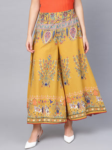 Mustard Cotton Printed Flared Palazzo