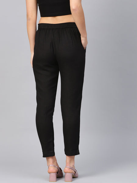 Black Rayon Solid Straight Pants