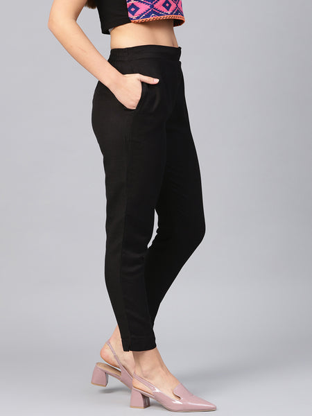 Black Rayon Solid Straight Pants