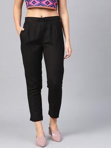 Black Rayon Solid Straight Pants