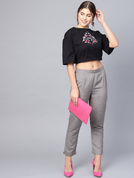 Grey Rayon Solid Cigarette Pants