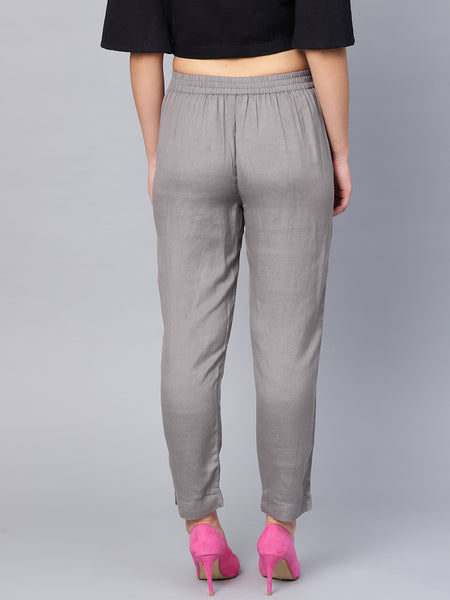 Grey Rayon Solid Cigarette Pants