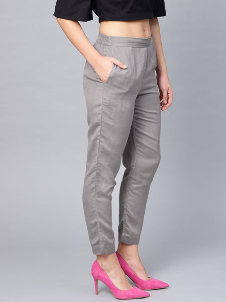 Grey Rayon Solid Cigarette Pants