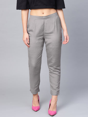 Grey Rayon Solid Cigarette Pants