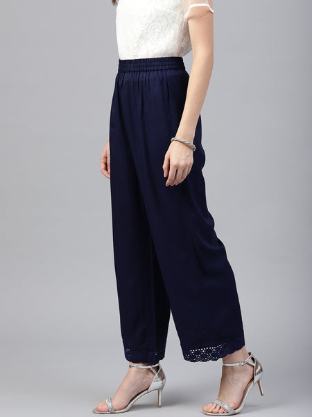 Navy Rayon Embellished Wide-Leg Palazzo