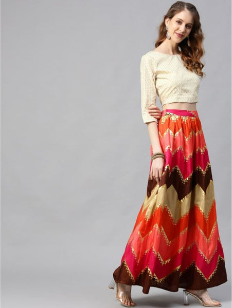 Coral Silk Printed Lehenga with Silk Lurex Choli