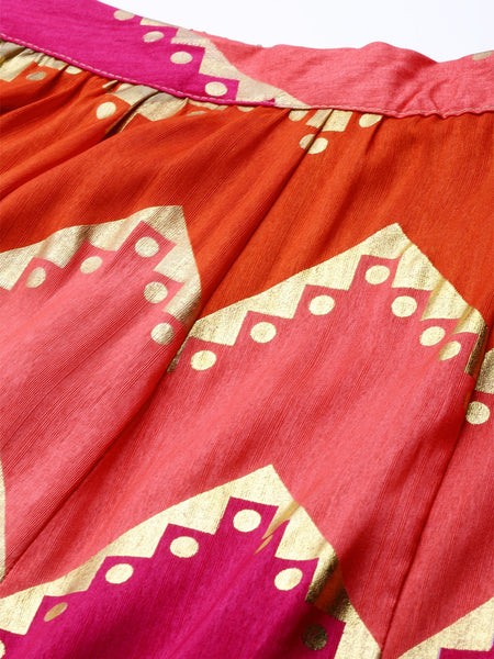 Coral Silk Printed Lehenga with Silk Lurex Choli