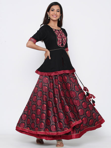 Black Dull Satin Printed Asymmetric Skirt with Top - Lehenga Choli