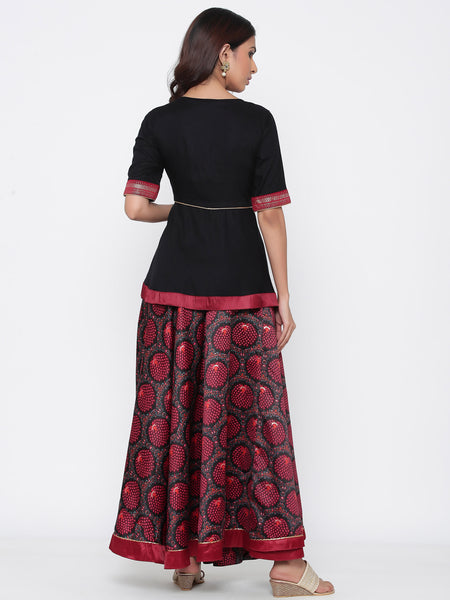 Black Dull Satin Printed Asymmetric Skirt with Top - Lehenga Choli