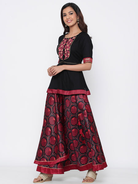 Black Dull Satin Printed Asymmetric Skirt with Top - Lehenga Choli