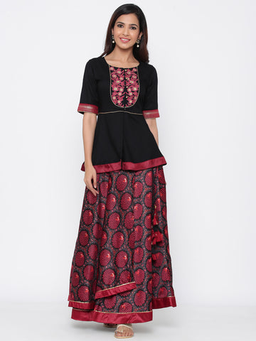 Black Dull Satin Printed Asymmetric Skirt with Top - Lehenga Choli