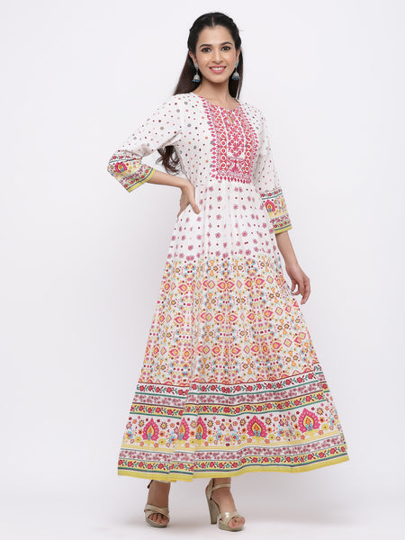 Mustard Cotton Voile Printed Anarkali Kurta Dress