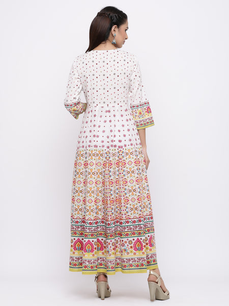 Mustard Cotton Voile Printed Anarkali Kurta Dress