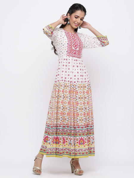 Mustard Cotton Voile Printed Anarkali Kurta Dress