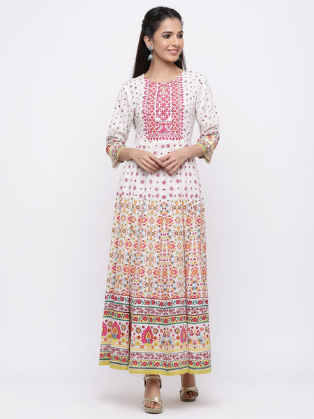 Mustard Cotton Voile Printed Anarkali Kurta Dress