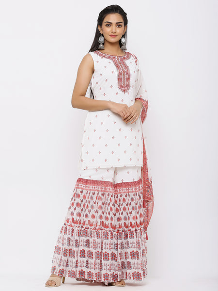 Maroon Georgette Printed Straight Kurta-Top Sharara-Palazzo Dupatta-Scarf Set