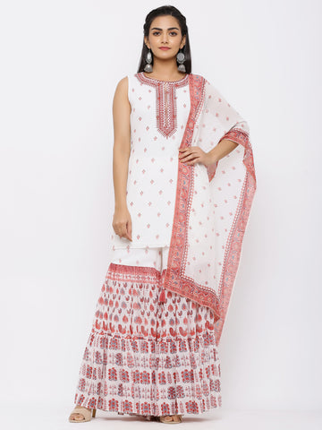 Maroon Georgette Printed Straight Kurta-Top Sharara-Palazzo Dupatta-Scarf Set