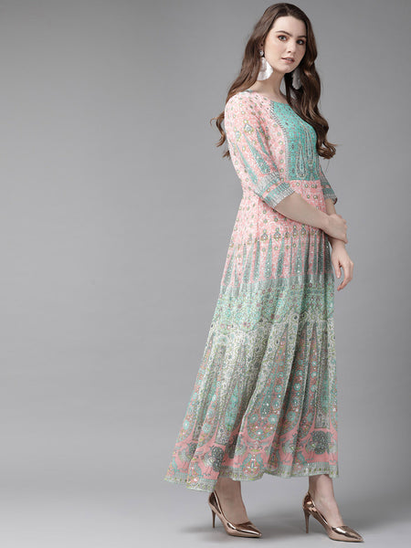 Peach Georgette Printed Kalidar Dress