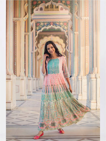 Peach Georgette Printed Kalidar Dress