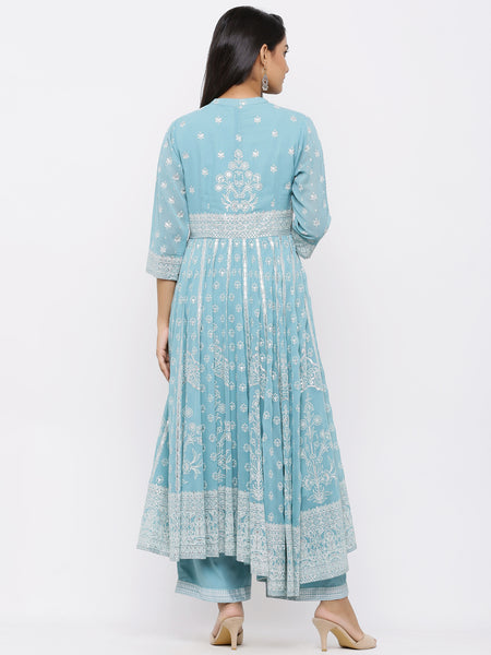 Mint Georgette Printed Maxi-Anarkali Kurta with Palazzo