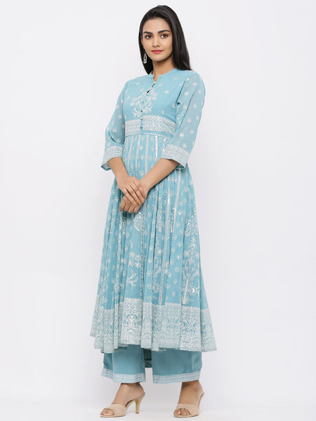 Mint Georgette Printed Maxi-Anarkali Kurta with Palazzo