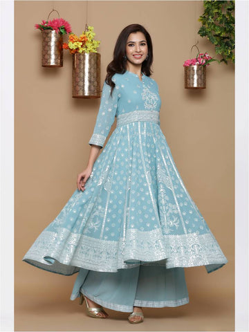 Mint Georgette Printed Maxi-Anarkali Kurta with Palazzo