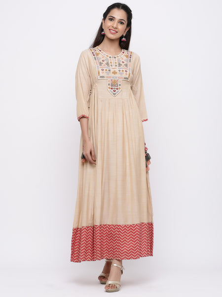 Beige Muslin Slub Embroidered Anarkali Kurta Dress