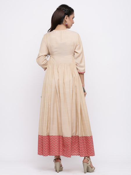 Beige Muslin Slub Embroidered Anarkali Kurta Dress