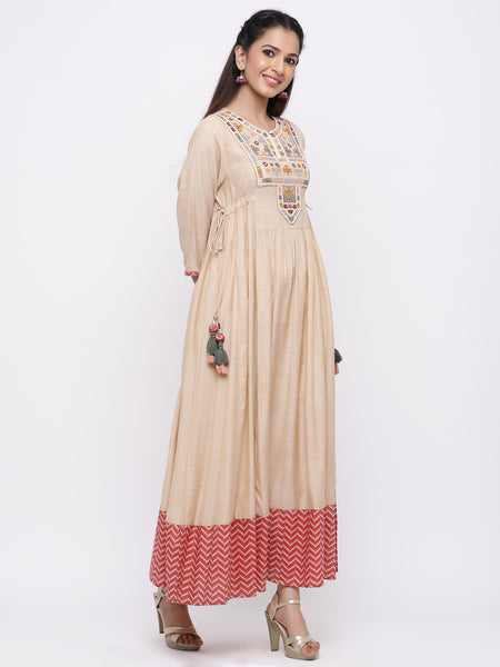 Beige Muslin Slub Embroidered Anarkali Kurta Dress