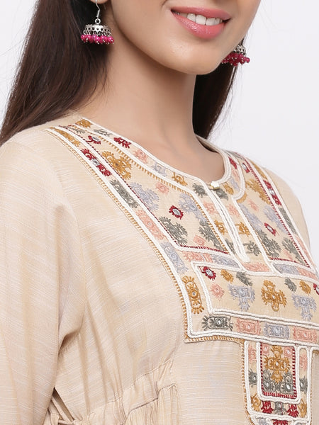 Beige Muslin Slub Embroidered Anarkali Kurta Dress